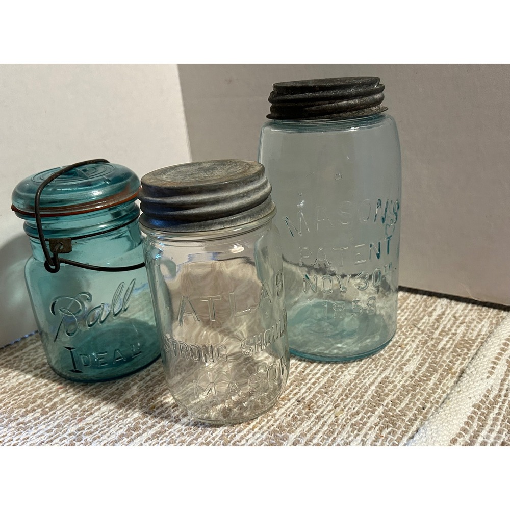 Vintage Ball Ideal Atlas Strong Shoulder Mason Patent 1858 Glass Jars Set of 3